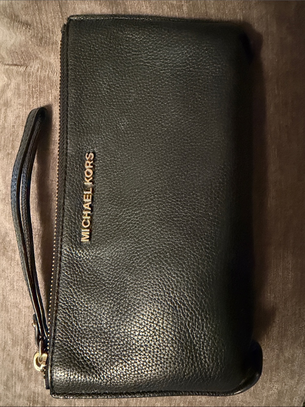 Michael Kors Black Pebbled Leather Zip Wristlet with Gold Logo